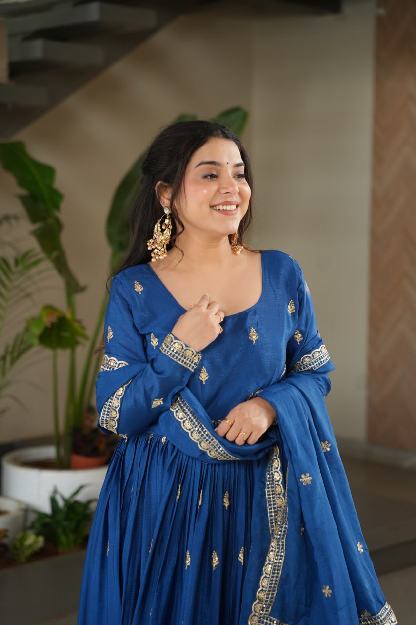 Blue Chinnon Embroidered Zari & Sequins Work Gown with Designer Dupatta – Festive & Party Wear