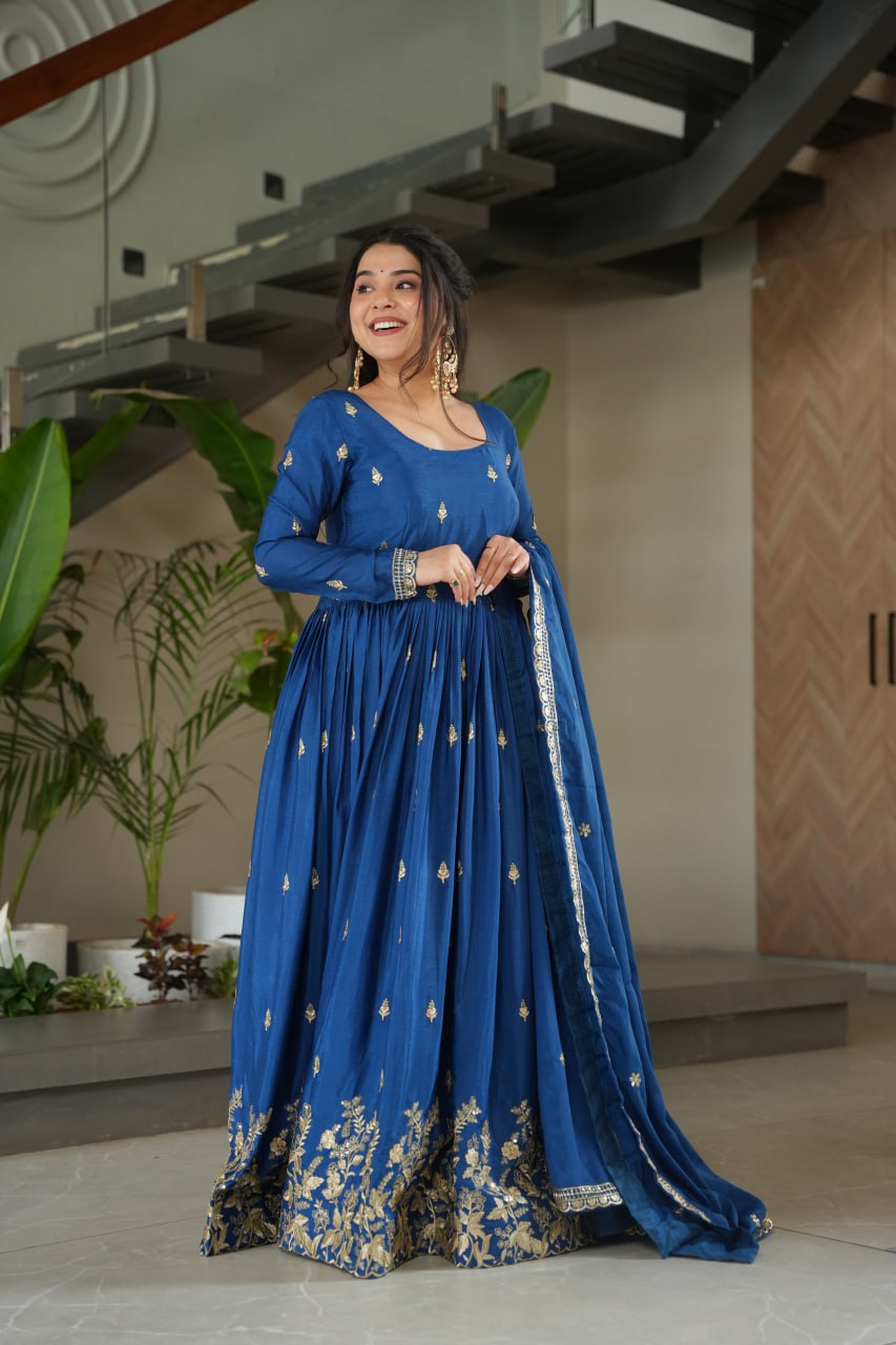 Blue Chinnon Embroidered Zari & Sequins Work Gown with Designer Dupatta – Festive & Party Wear