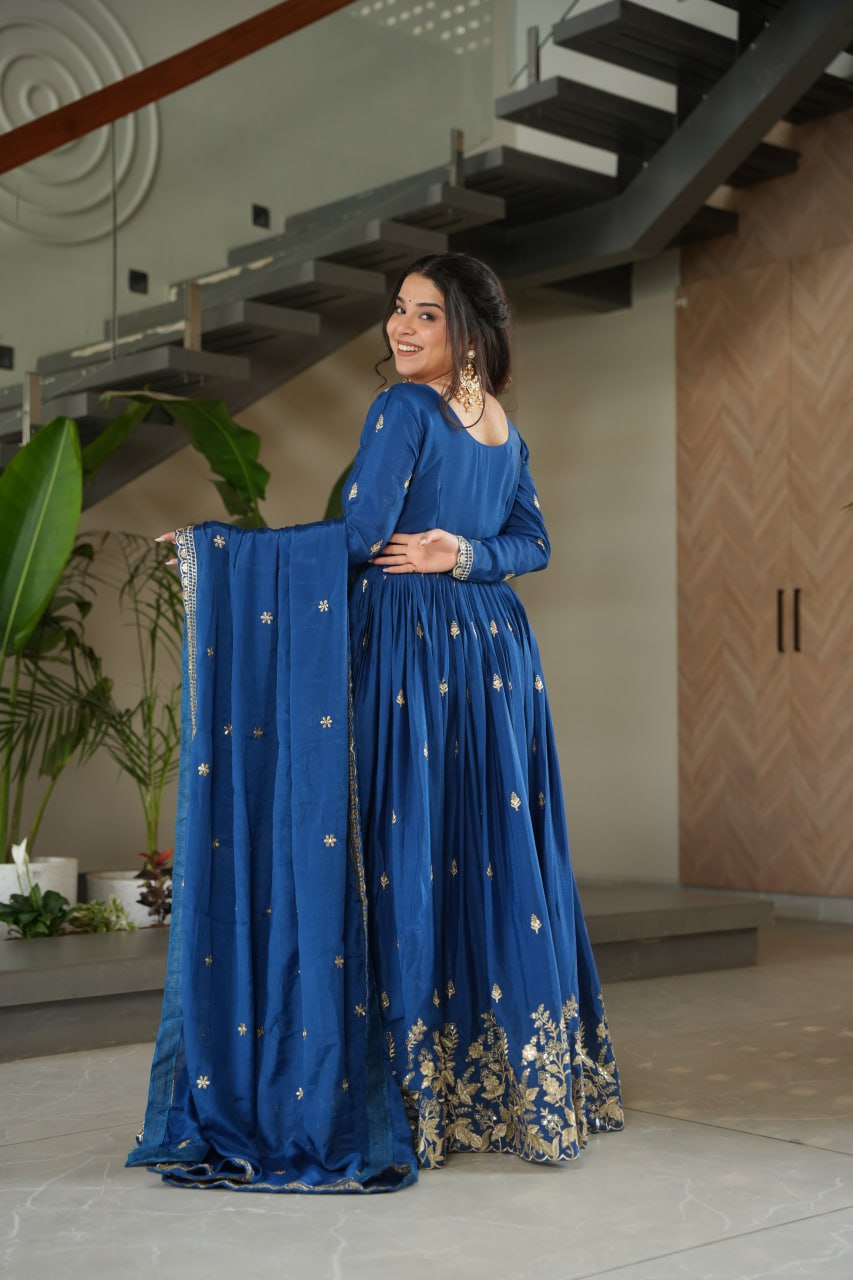 Blue Chinnon Embroidered Zari & Sequins Work Gown with Designer Dupatta – Festive & Party Wear