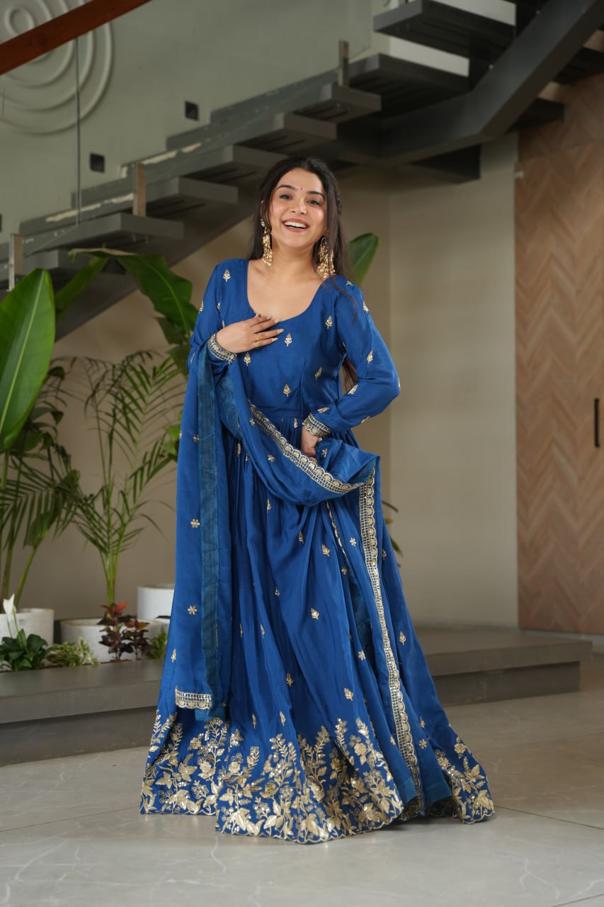 Blue Chinnon Embroidered Zari & Sequins Work Gown with Designer Dupatta – Festive & Party Wear