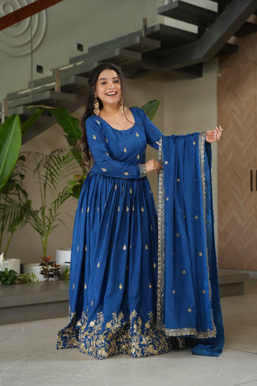 Blue Chinnon Embroidered Zari & Sequins Work Gown with Designer Dupatta – Festive & Party Wear