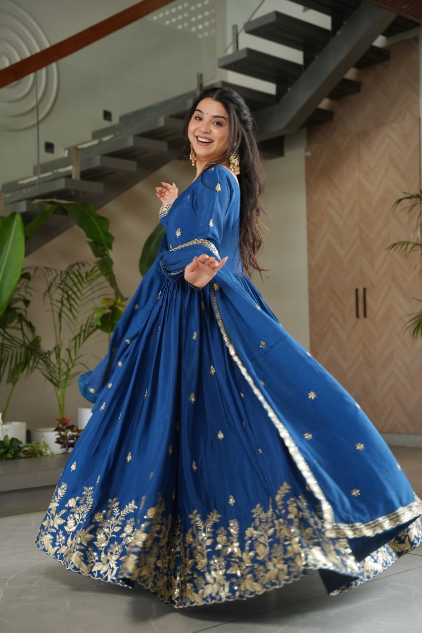Blue Chinnon Embroidered Zari & Sequins Work Gown with Designer Dupatta – Festive & Party Wear