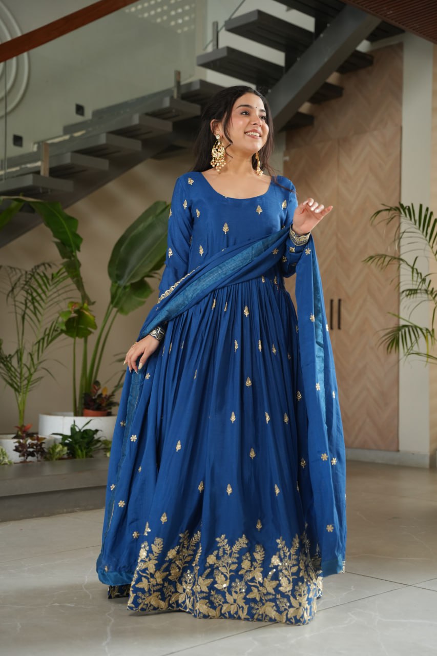 Blue Chinnon Embroidered Zari & Sequins Work Gown with Designer Dupatta – Festive & Party Wear