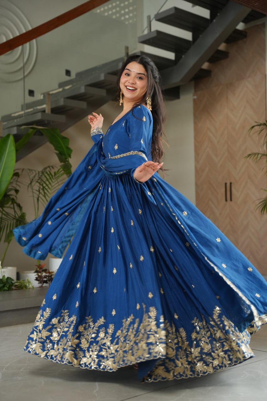 Blue Chinnon Embroidered Zari & Sequins Work Gown with Designer Dupatta – Festive & Party Wear