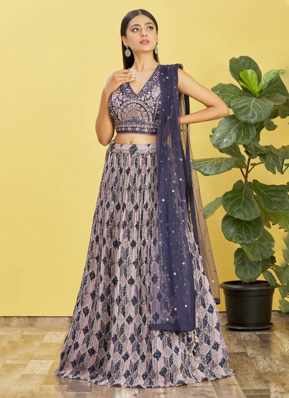Blue chinnon mirror and digital printed indian lehenga choli