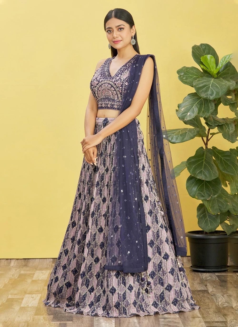 Blue chinnon mirror and digital printed indian lehenga choli