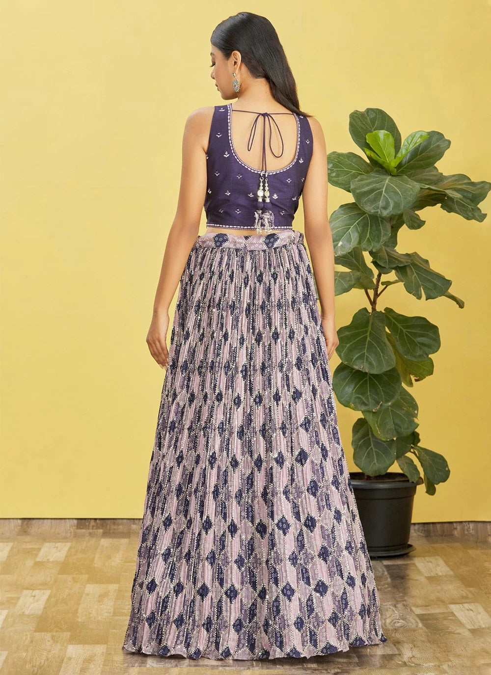 Blue chinnon mirror and digital printed indian lehenga choli
