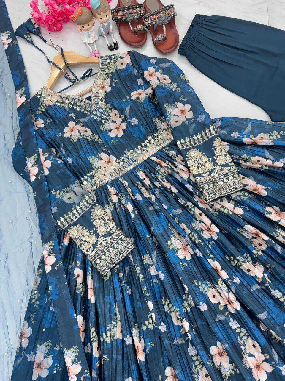 Blue Color Designer Party Wear Pure Chinon Silk Top, Palazzo & Dupatta Set
