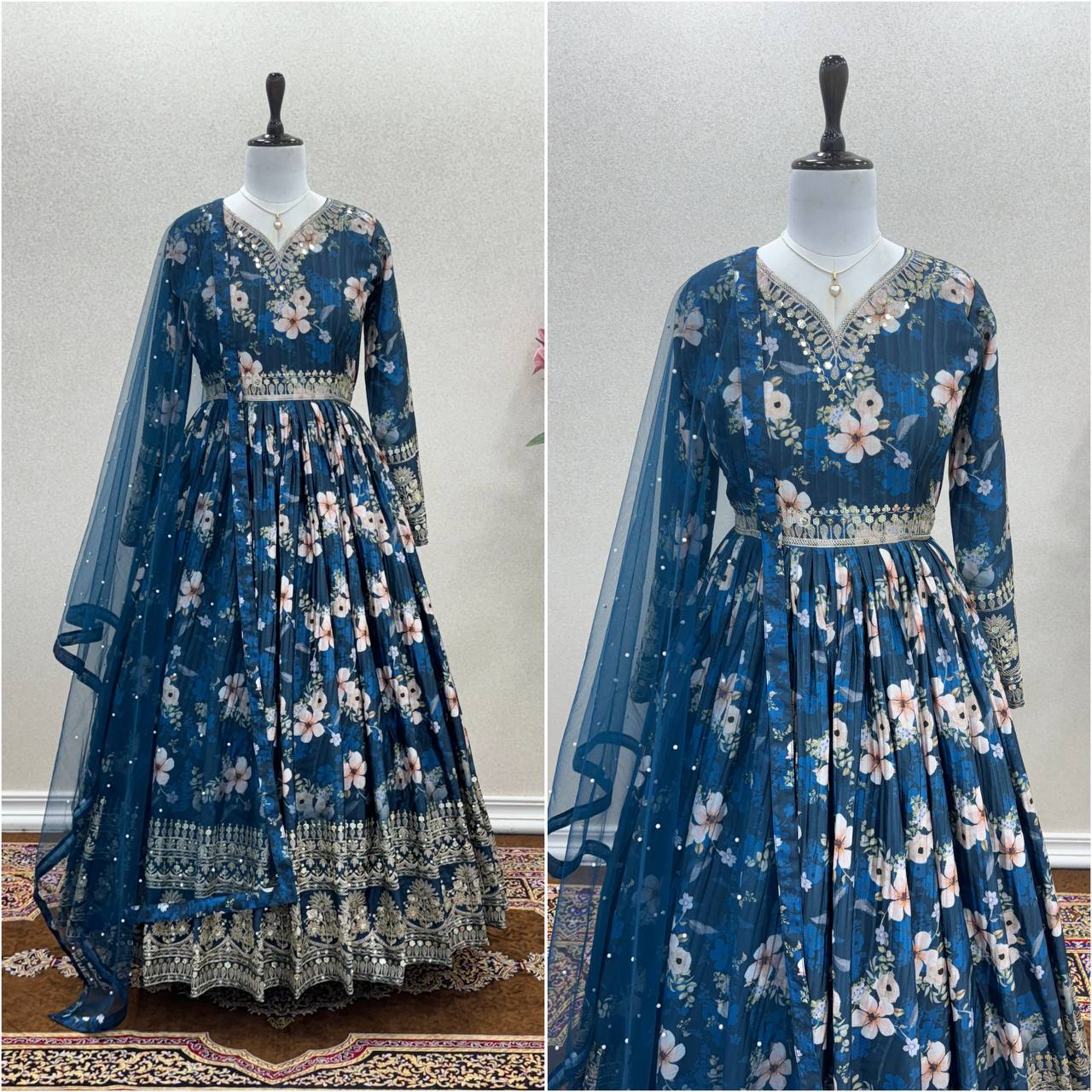 Blue Color Designer Party Wear Pure Chinon Silk Top, Palazzo & Dupatta Set