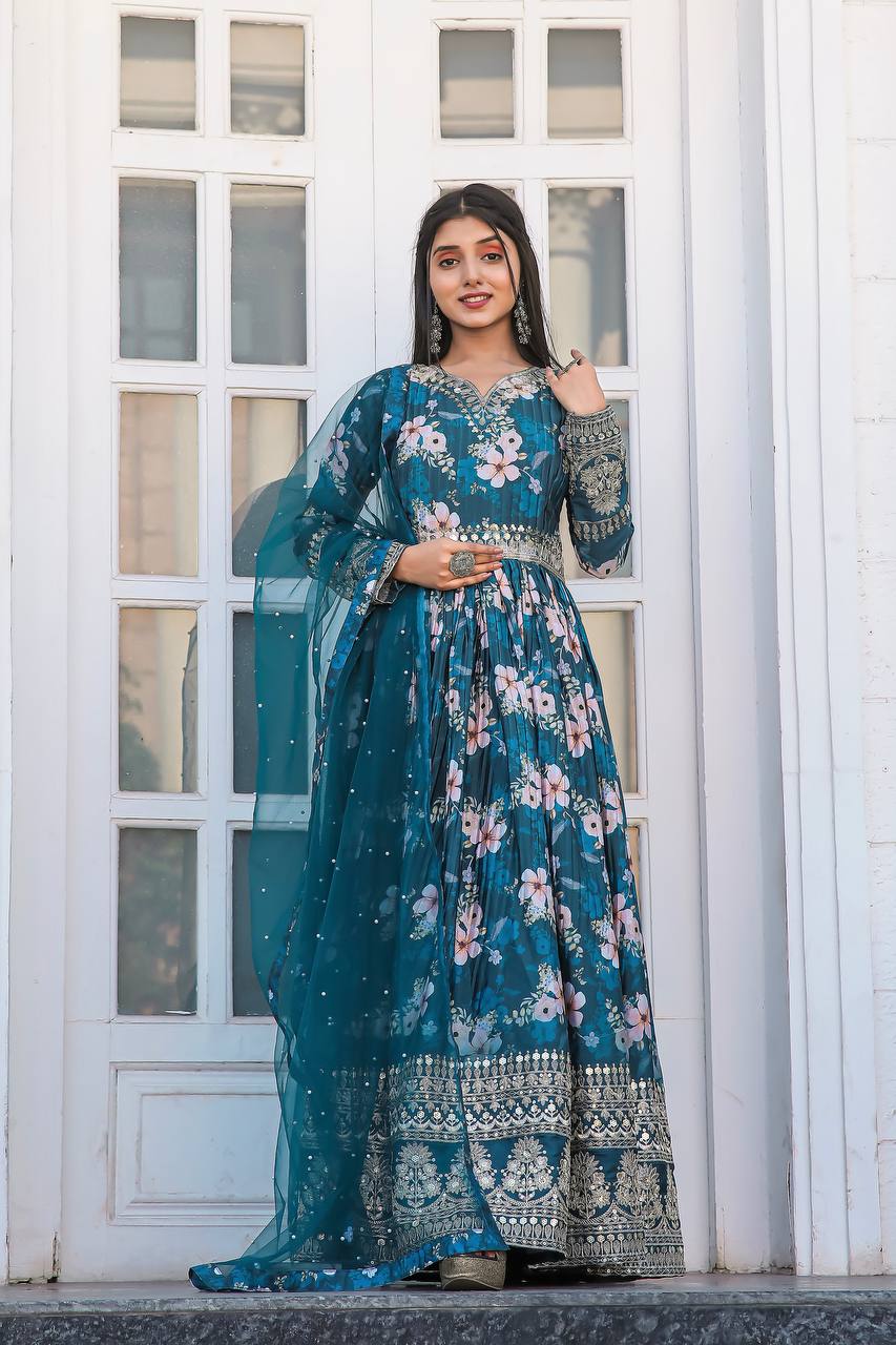 Blue Color Designer Party Wear Pure Chinon Silk Top, Palazzo & Dupatta Set