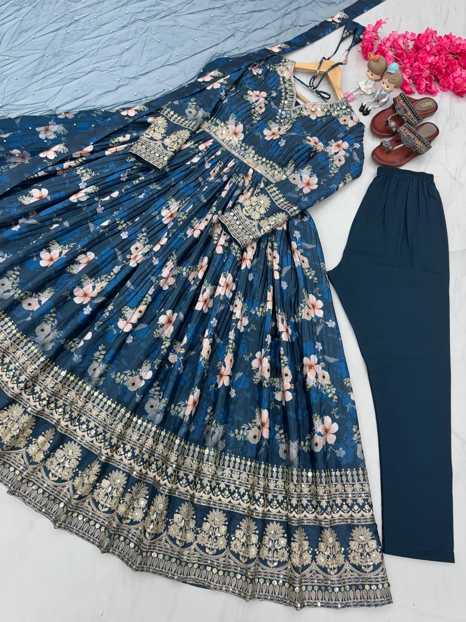 Blue Color Designer Party Wear Pure Chinon Silk Top, Palazzo & Dupatta Set
