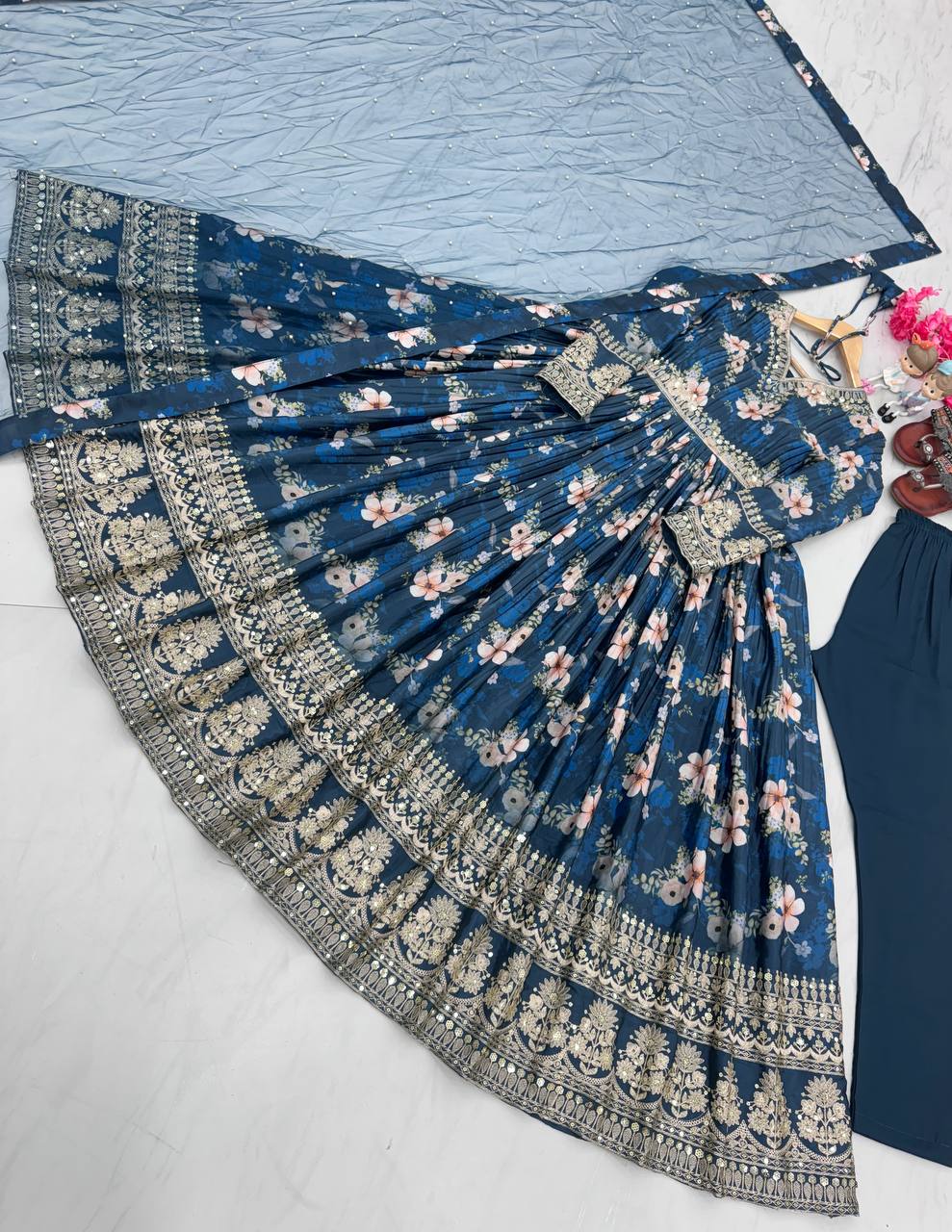 Blue Color Designer Party Wear Pure Chinon Silk Top, Palazzo & Dupatta Set