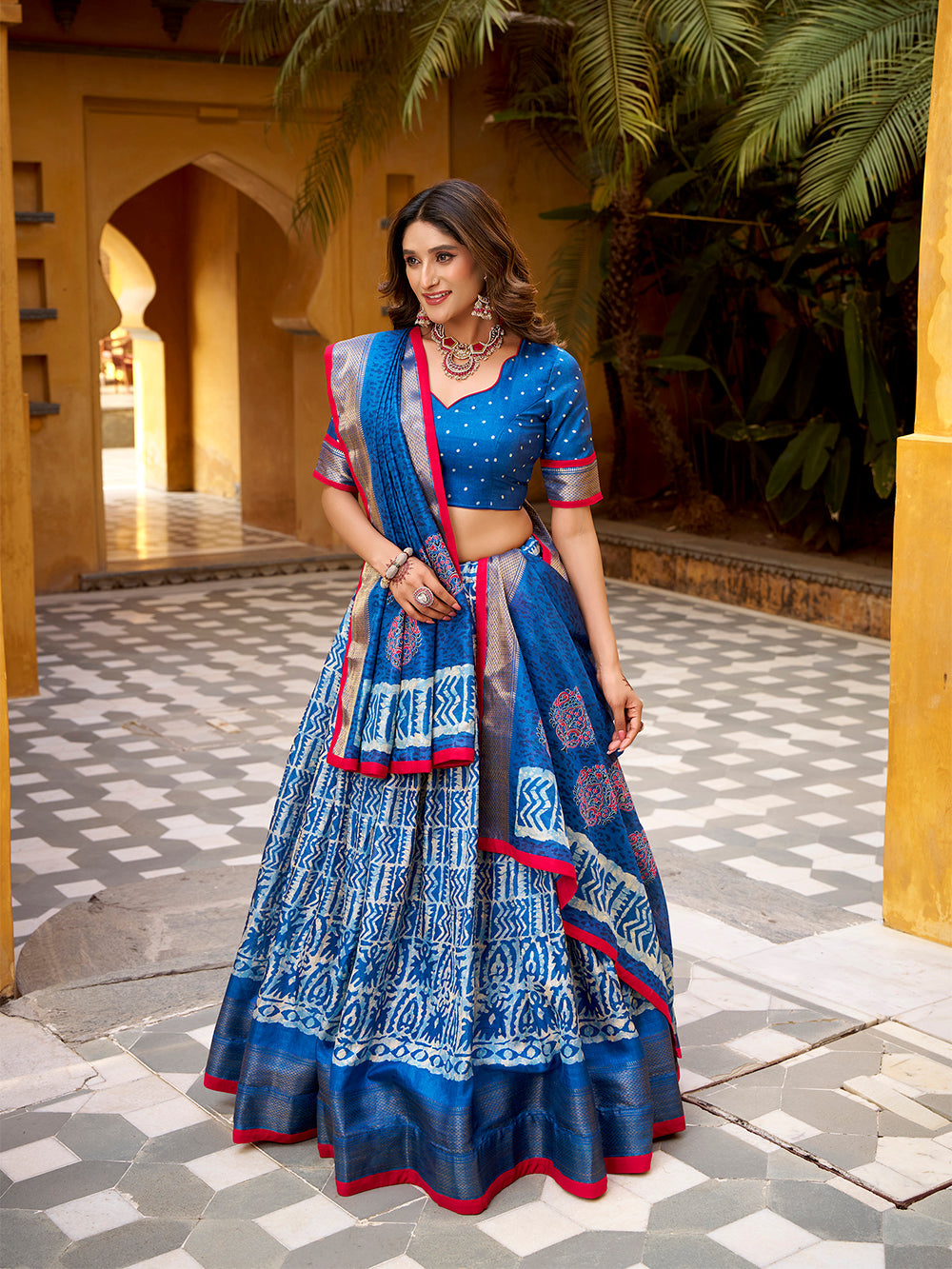 Blue color batik printed dola silk lehenga