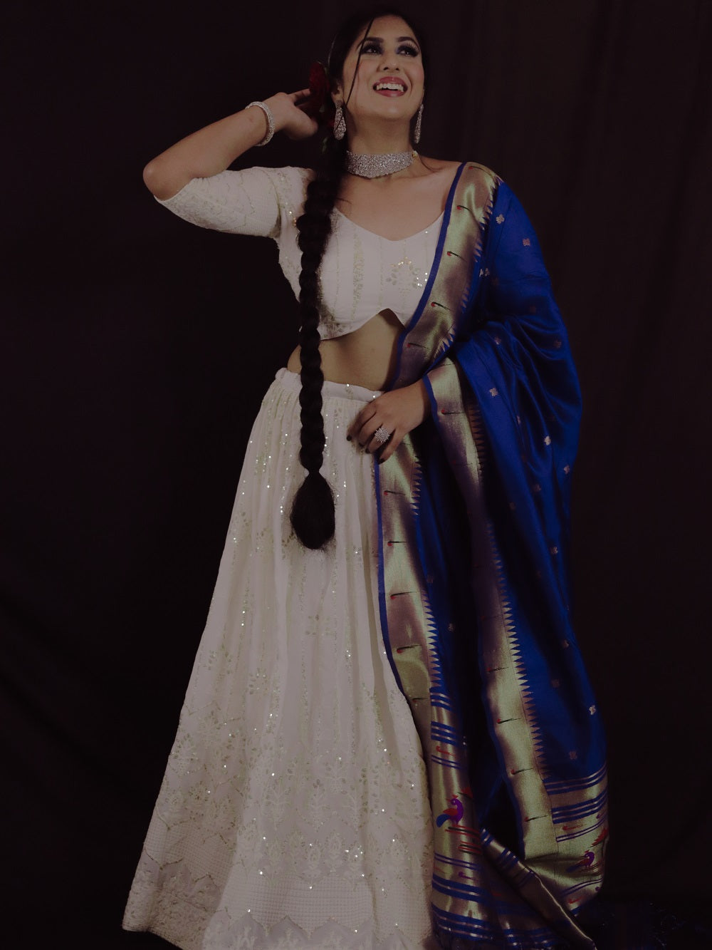 White Color Sequins And Thread Work Georgette Lehenga Choli Set