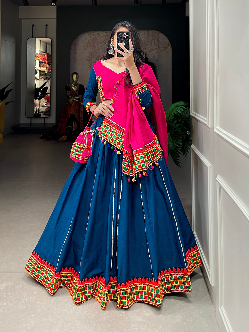 Blue Color Plain With Gamthi Work Cotton Navratri Garba Choli