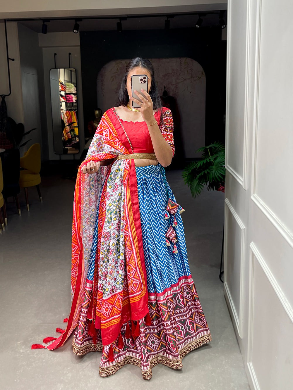 Blue Color Leheriya Patola Print Chinon Lehenga Choli