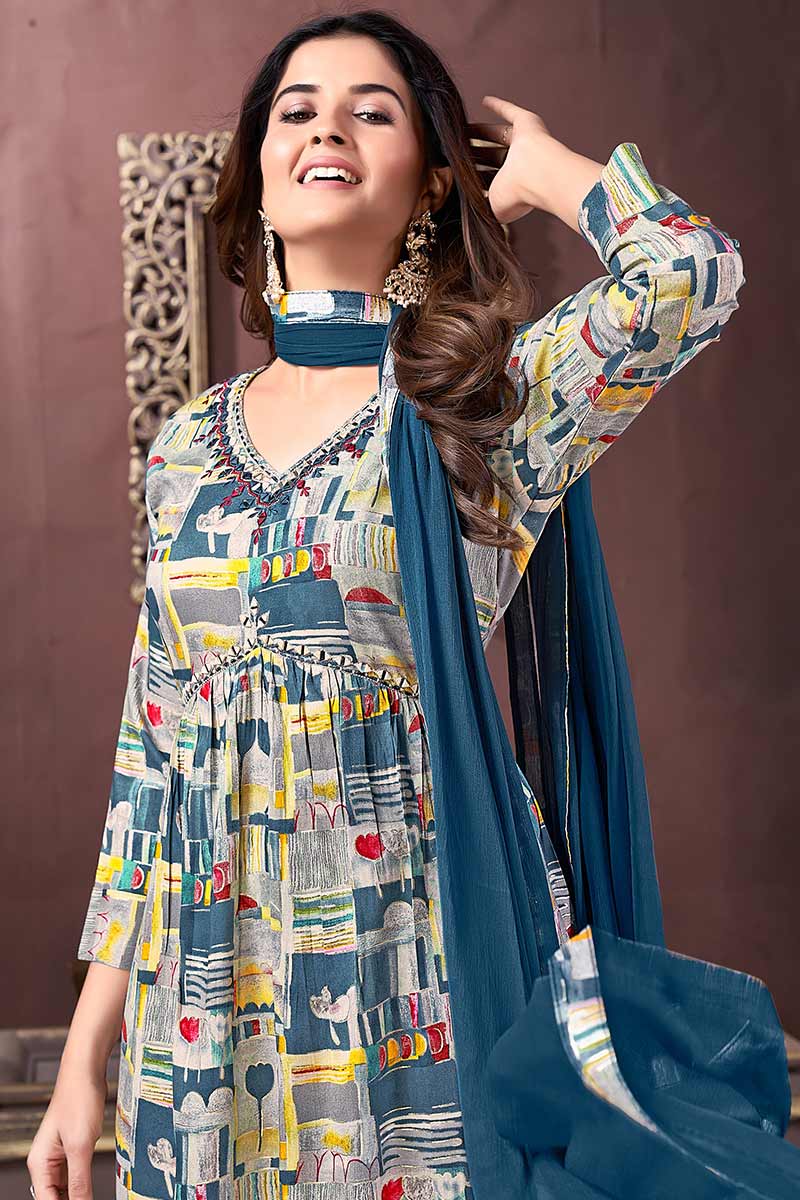 Blue color premium rayon hand work suit with pant