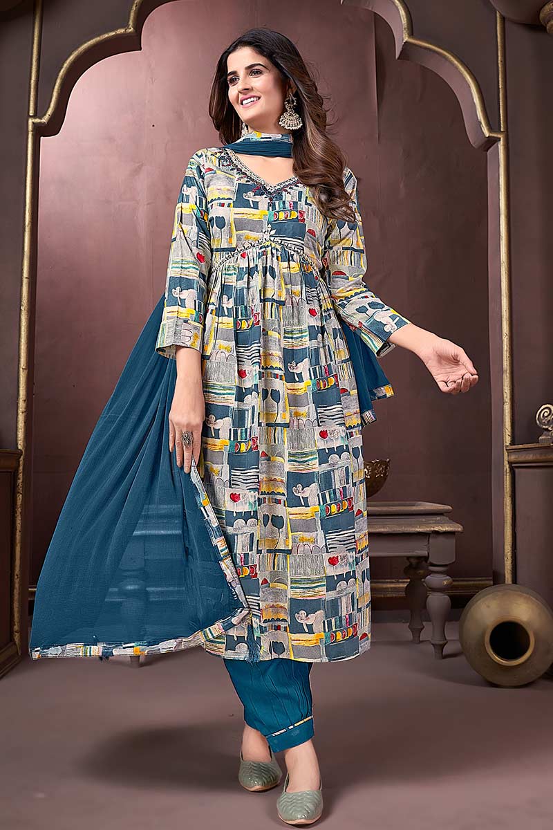 Blue color premium rayon hand work suit with pant