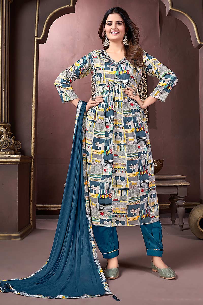 Blue color premium rayon hand work suit with pant