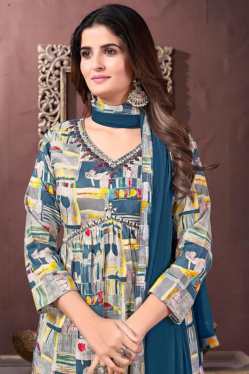Blue color premium rayon hand work suit with pant