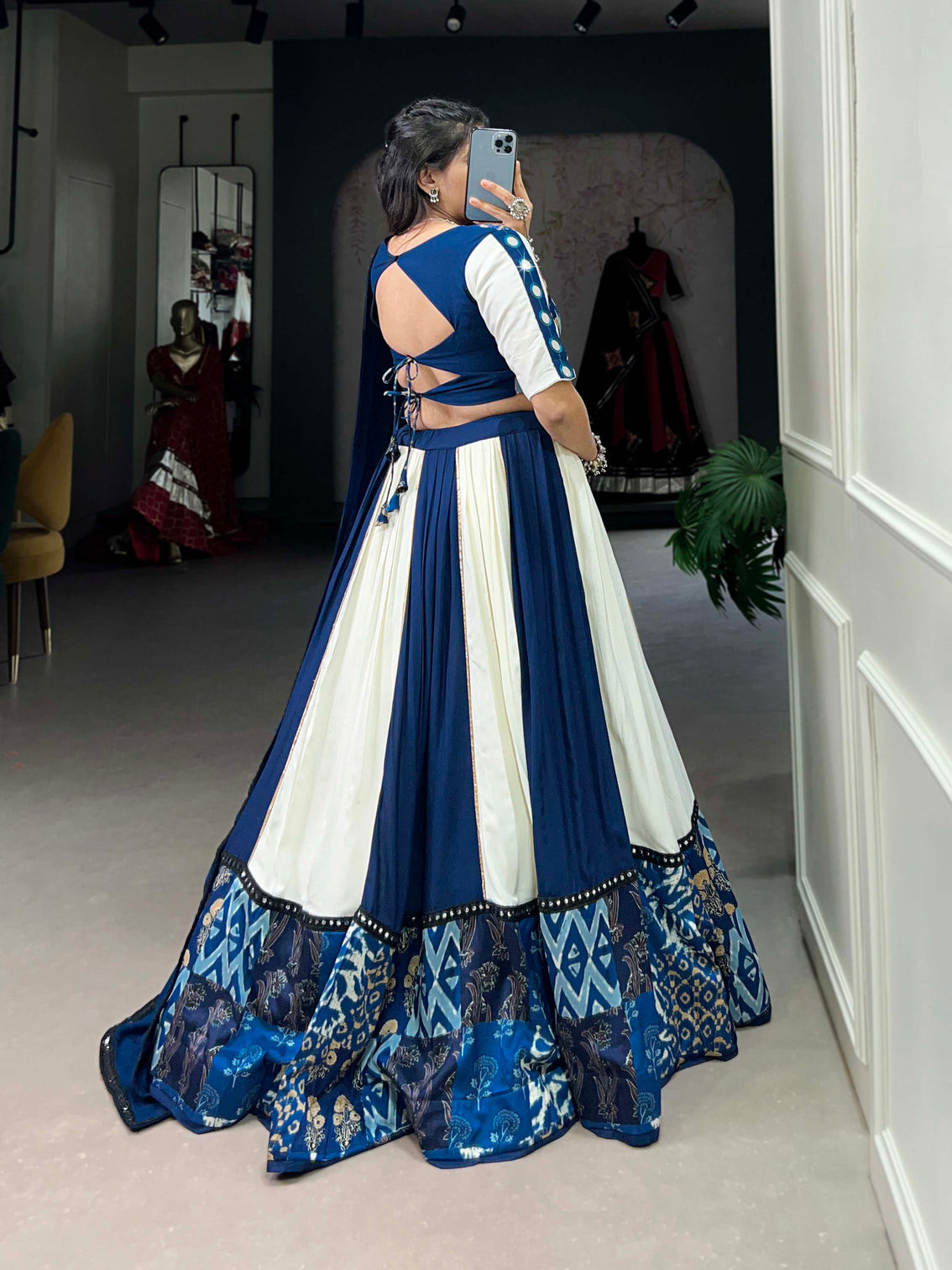 Royal blue rayon gamthi lehenga choli with printed paper mirror work