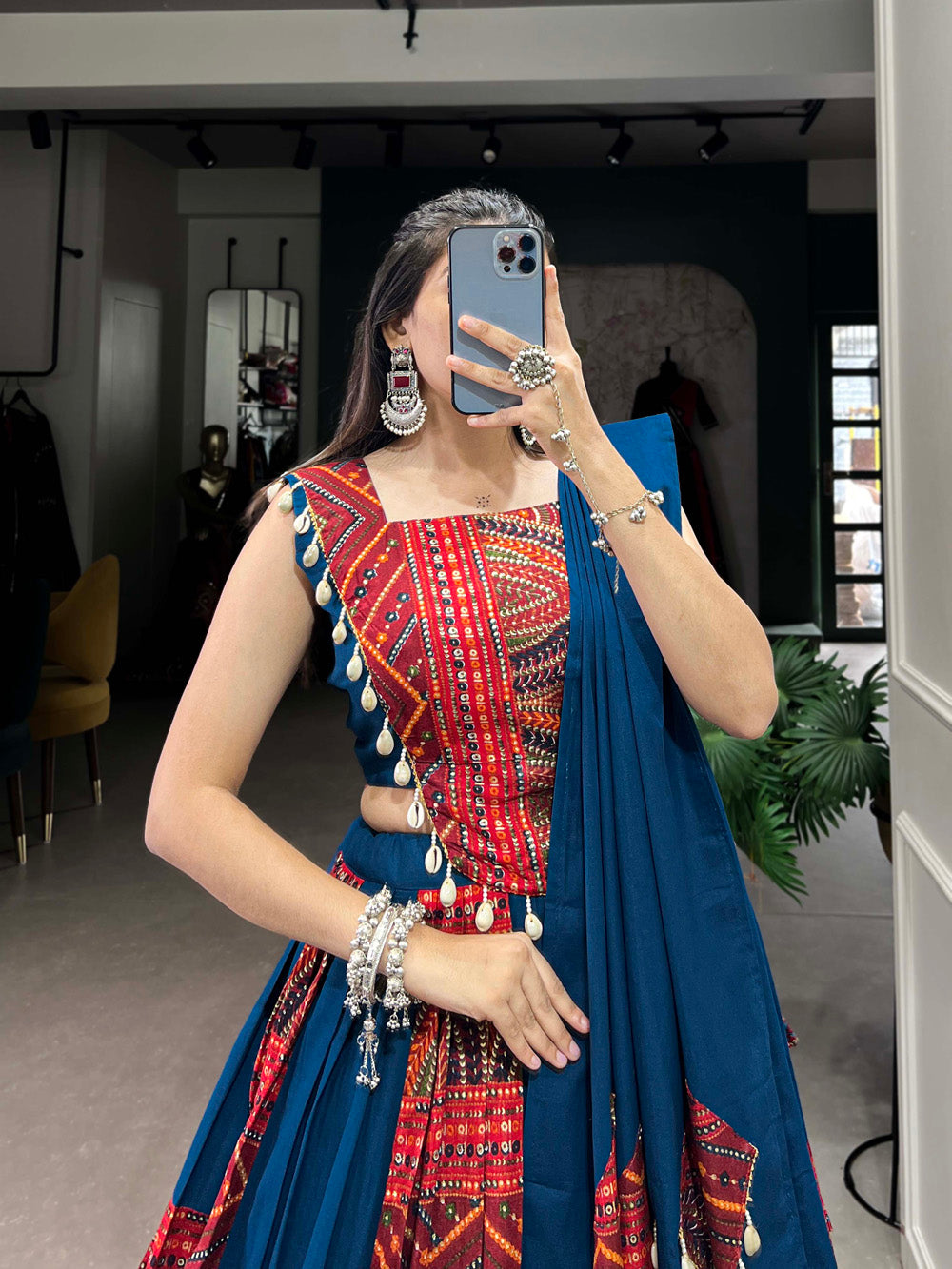 Stylish blue foil print cotton navratri chaniya choli with cowri lace dupatta