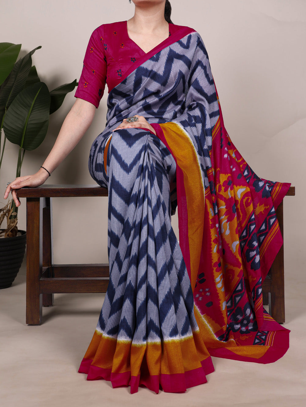 Blue printed tasar silk saree with matching blouse