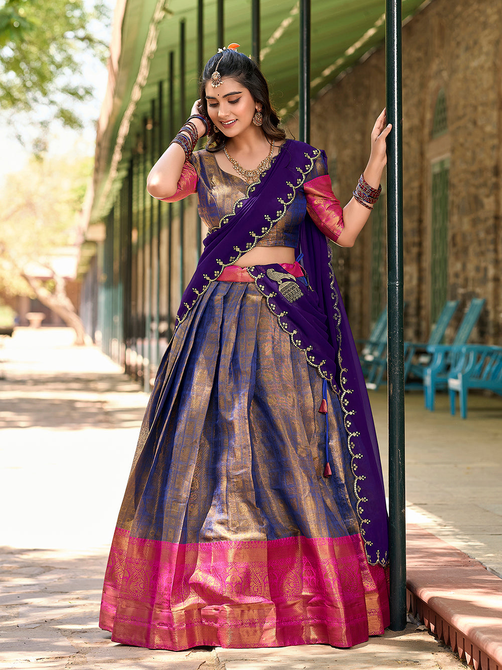 Blue color zari weaving work kanjivaram south indian lehenga choli