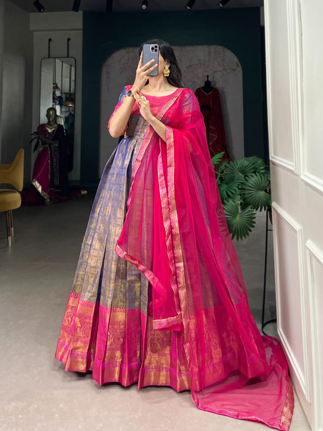 Blue Color Zari Weaving Work Kanjivaram Dress