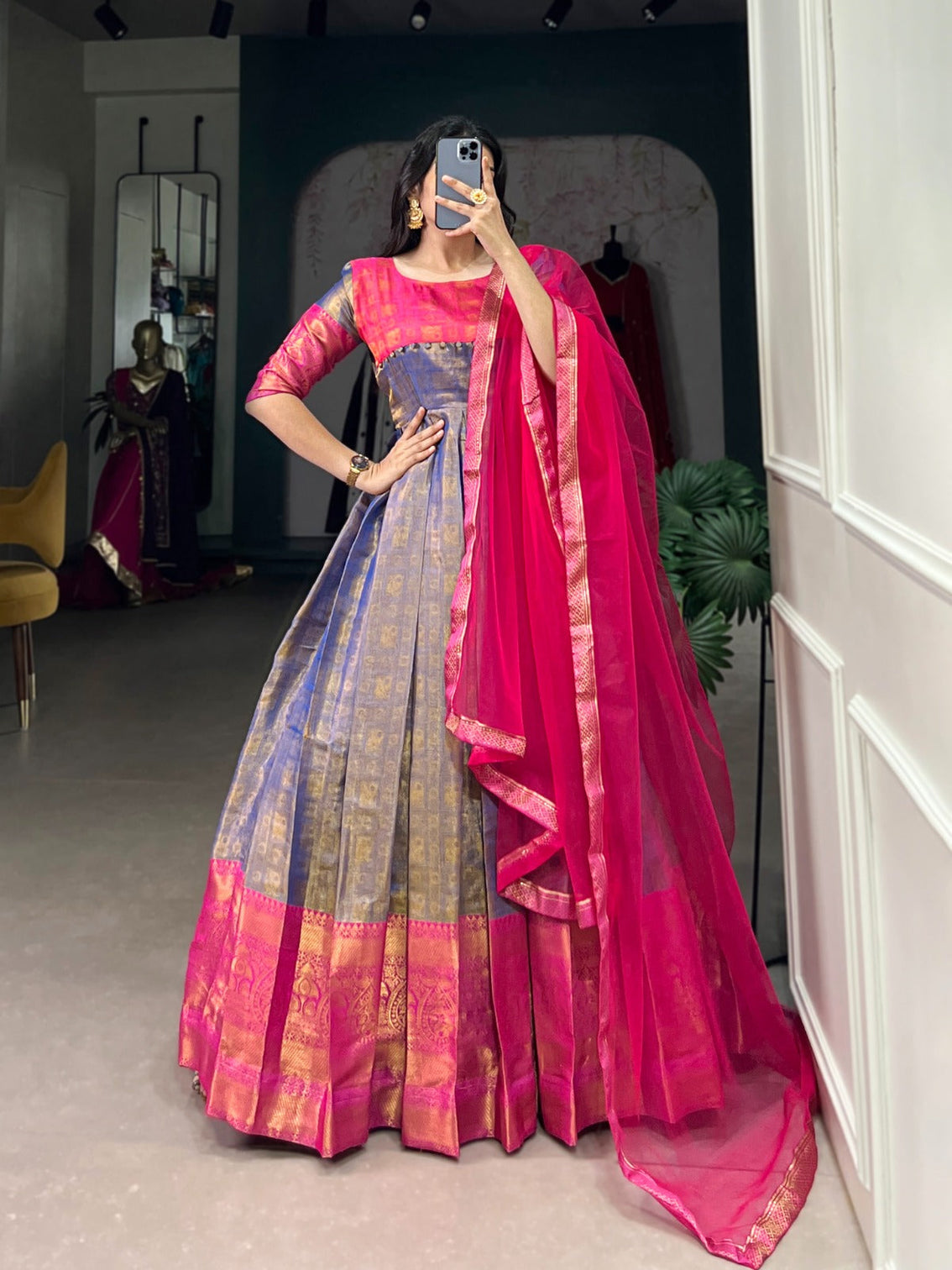 Blue Color Zari Weaving Work Kanjivaram Dress