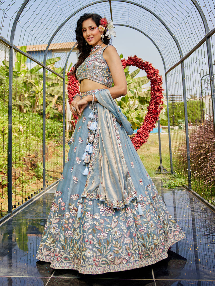 Blue colour Tissue Fabric with Sequinse & Thread embroidery Semi-Stitched Lehenga choli & Dupatta