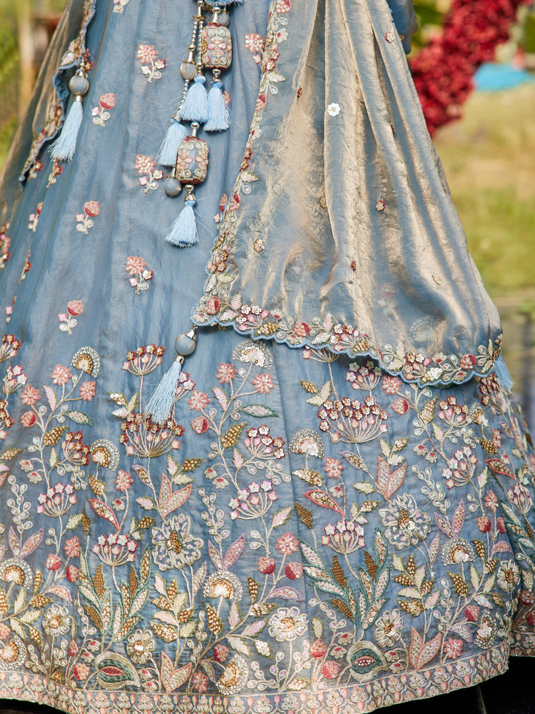 Blue colour Tissue Fabric with Sequinse & Thread embroidery Semi-Stitched Lehenga choli & Dupatta