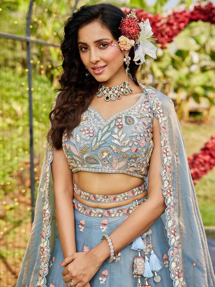 Blue colour Tissue Fabric with Sequinse & Thread embroidery Semi-Stitched Lehenga choli & Dupatta