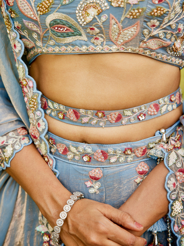 Blue colour Tissue Fabric with Sequinse & Thread embroidery Semi-Stitched Lehenga choli & Dupatta