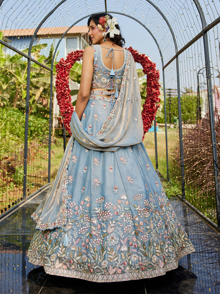 Blue colour Tissue Fabric with Sequinse & Thread embroidery Semi-Stitched Lehenga choli & Dupatta