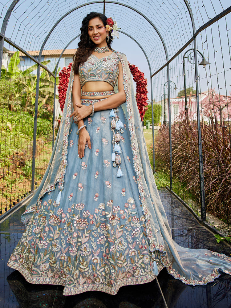 Blue colour Tissue Fabric with Sequinse & Thread embroidery Semi-Stitched Lehenga choli & Dupatta