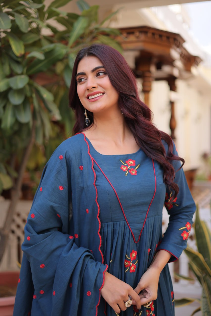 Blue Cotton Embroidered Kurti Pant Set