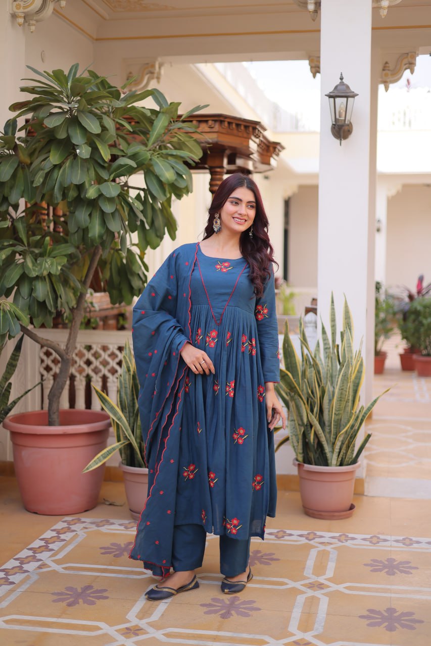 Blue Cotton Embroidered Kurti Pant Set