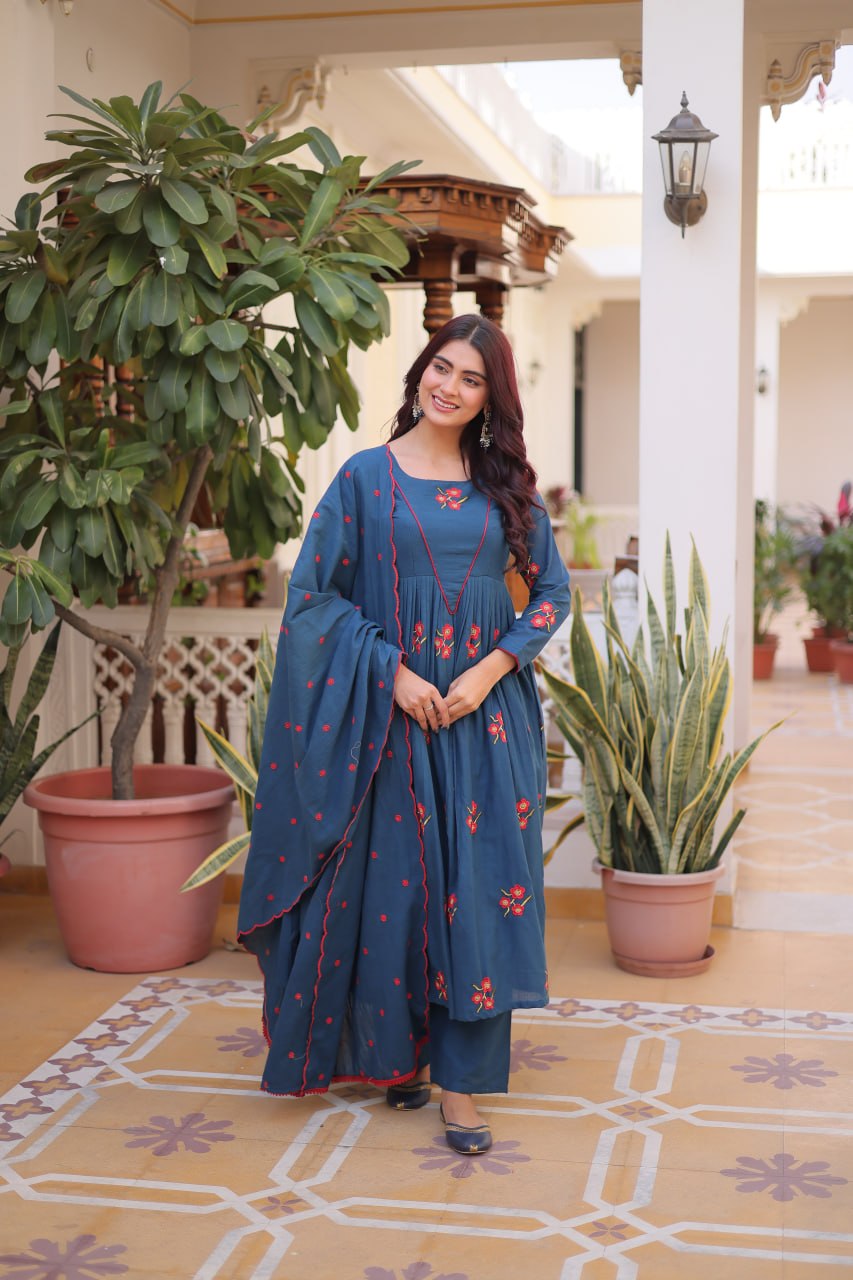 Blue Cotton Embroidered Kurti Pant Set