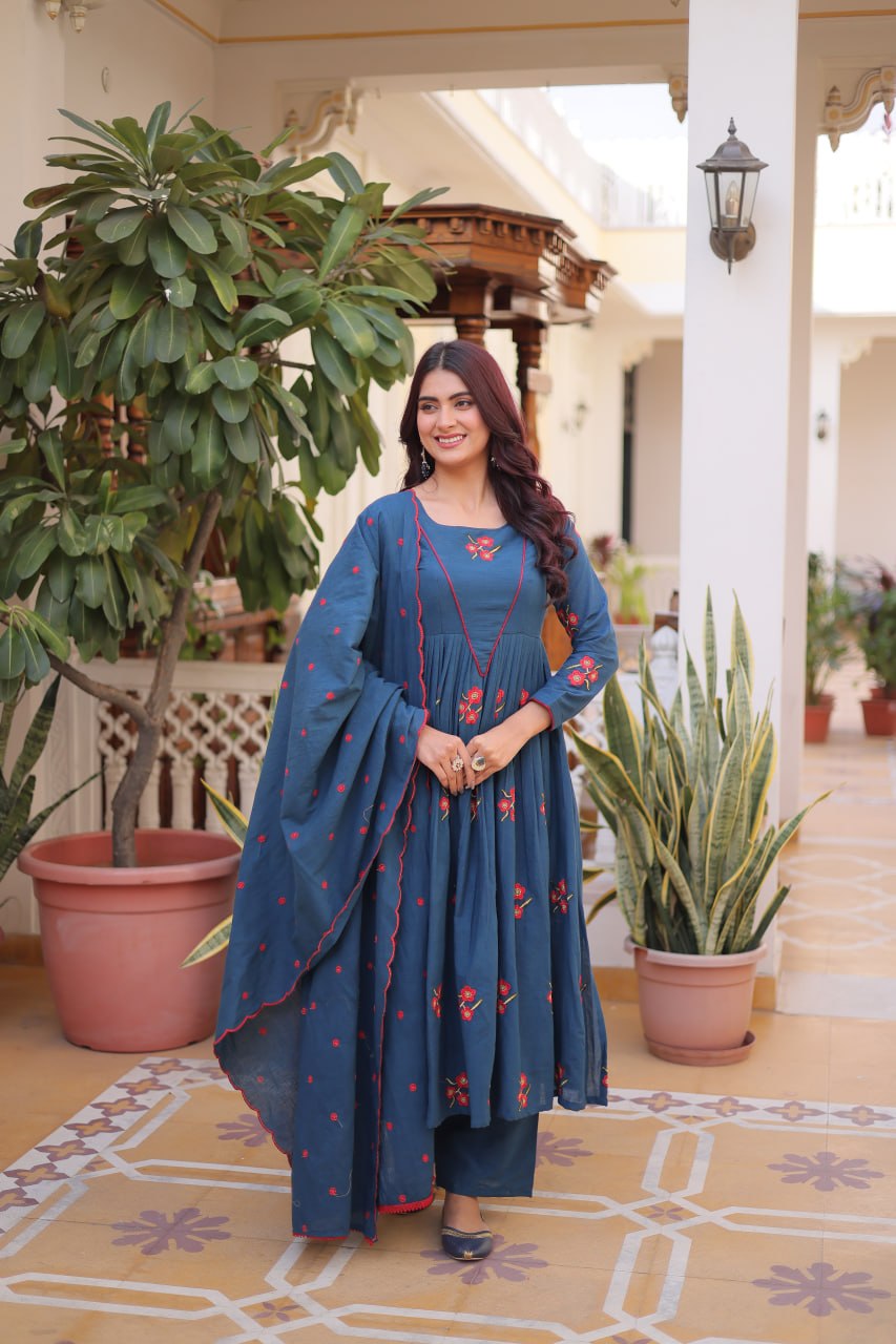 Blue Cotton Embroidered Kurti Pant Set