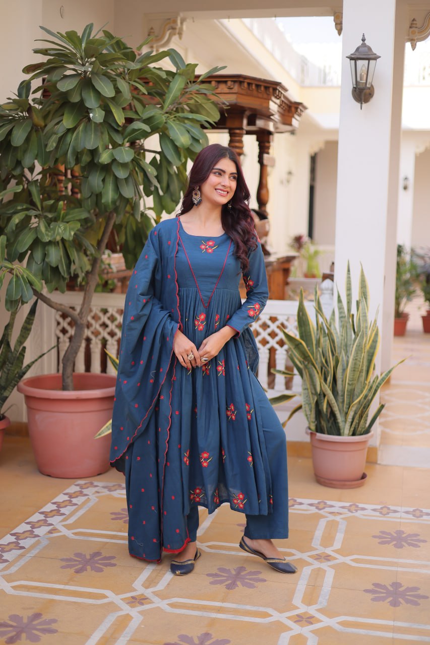 Blue Cotton Embroidered Kurti Pant Set