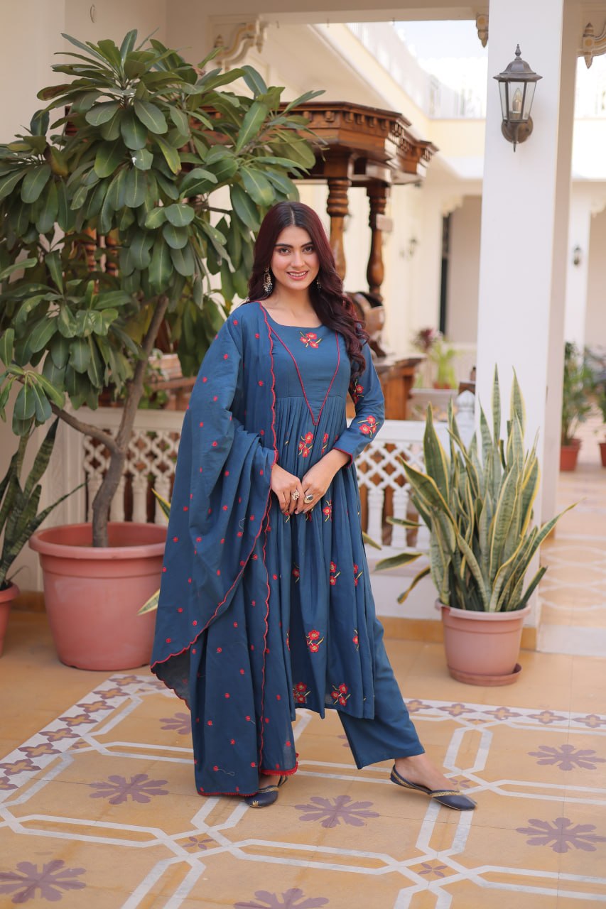 Blue Cotton Embroidered Kurti Pant Set