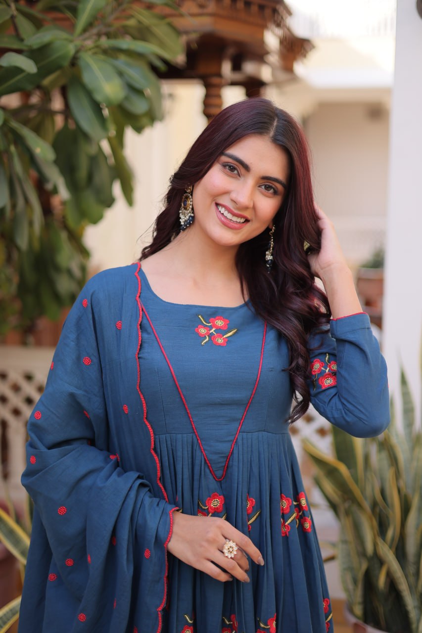 Blue Cotton Embroidered Kurti Pant Set
