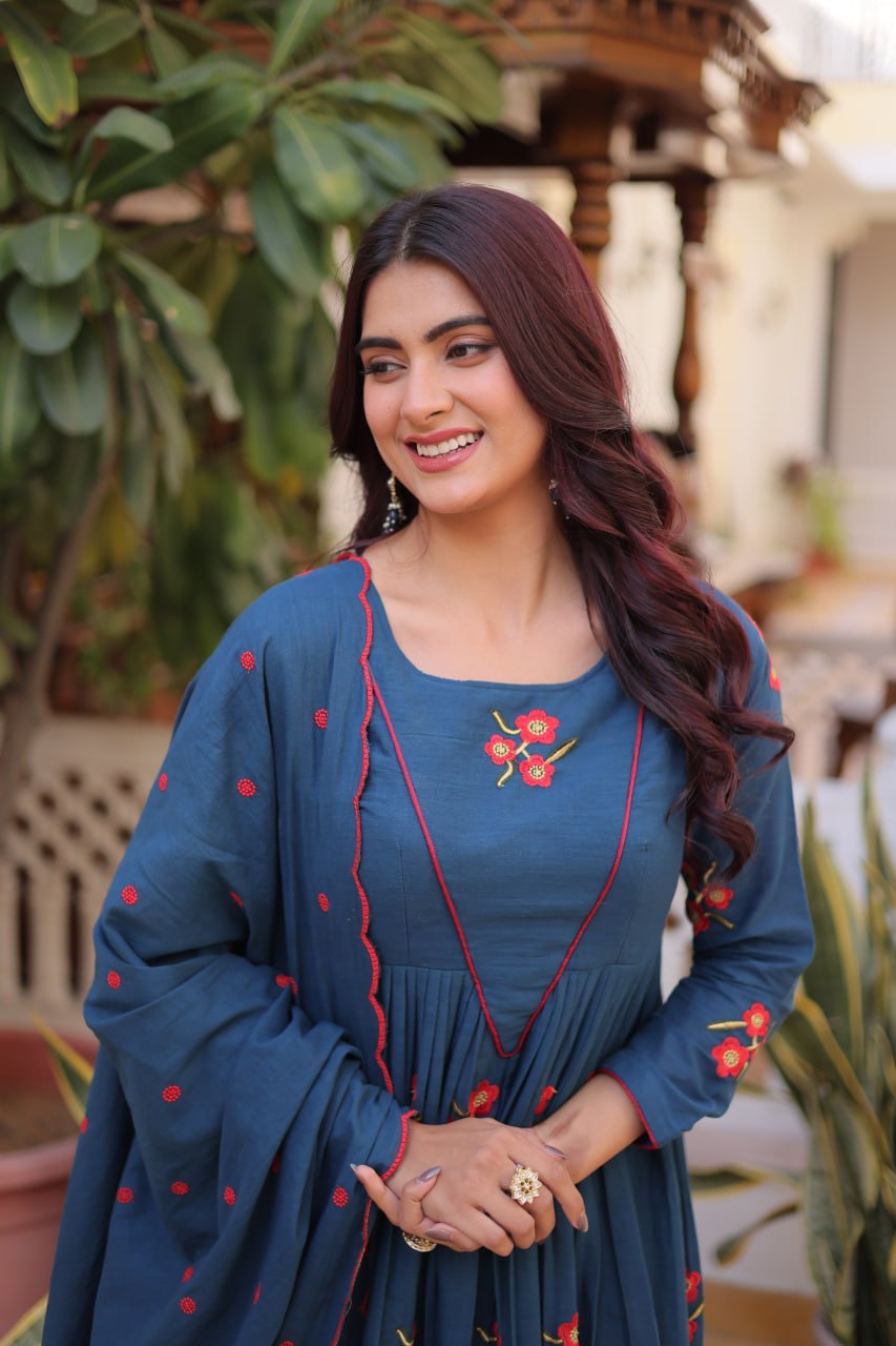 Blue Cotton Embroidered Kurti Pant Set