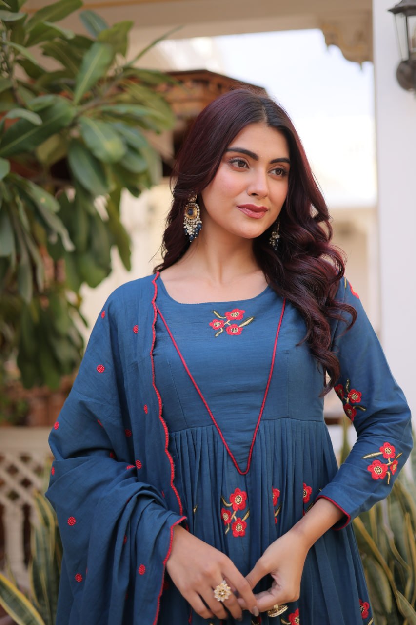 Blue Cotton Embroidered Kurti Pant Set