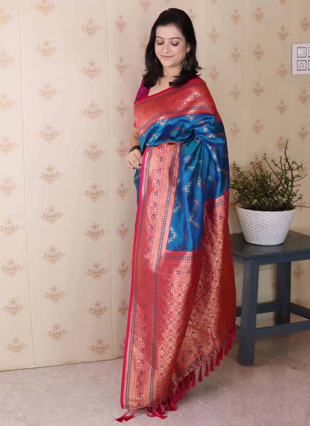 Designer blue banarasi soft silk saree with gold zari weaving