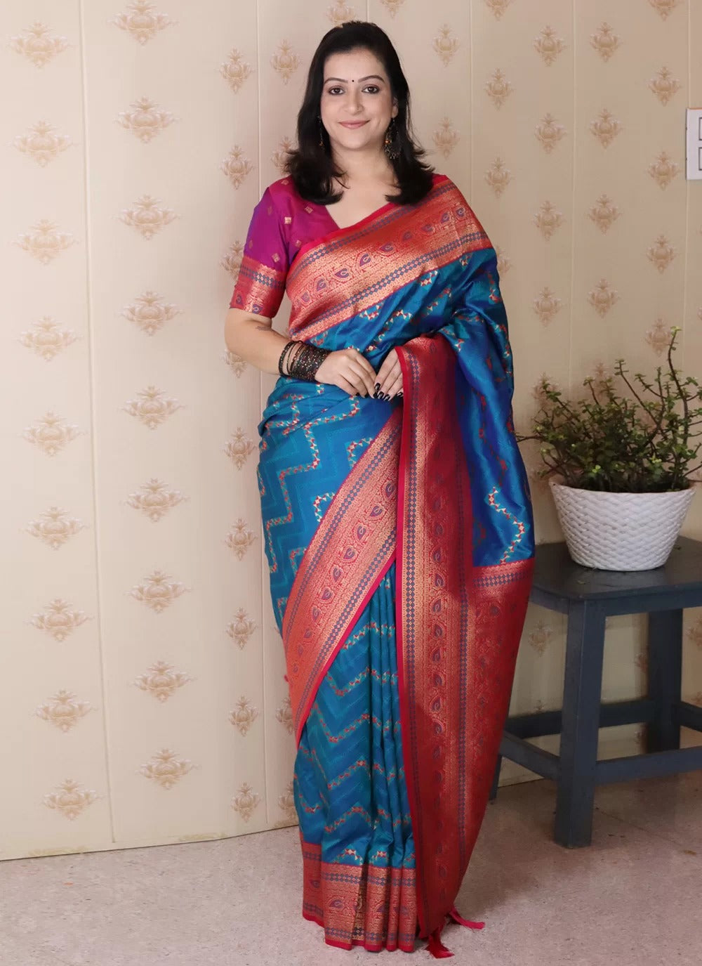 Designer blue banarasi soft silk saree with gold zari weaving