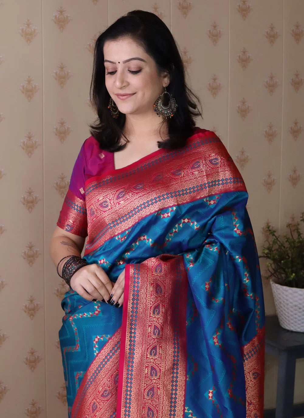 Designer blue banarasi soft silk saree with gold zari weaving
