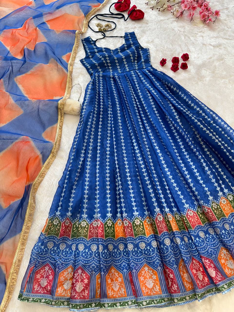 Blue Designer Digital Printed Jimmy Organza Anarkali Gown with Dupatta – Padded, Huge Flair