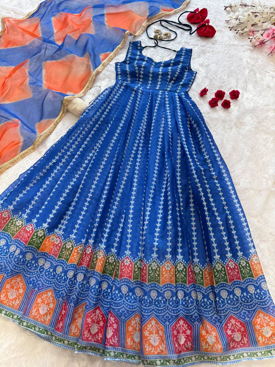 Blue Designer Digital Printed Jimmy Organza Anarkali Gown with Dupatta – Padded, Huge Flair